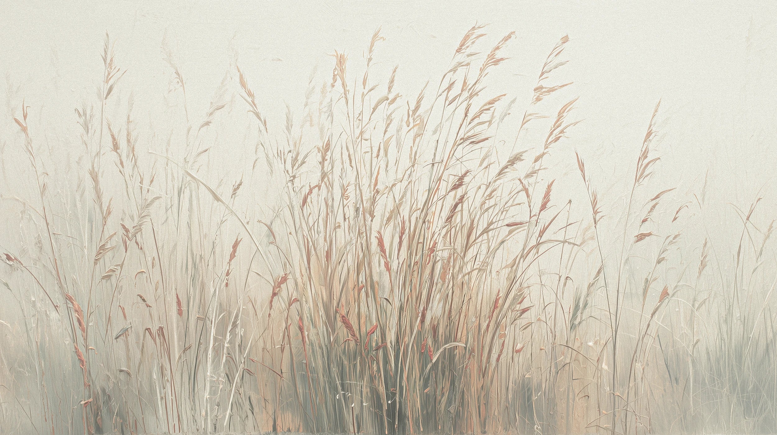 Mustervorschau: Prezentacja całego wzoru fototapety o nazwie MORNING WHISPERS - tapeta z mglistymi trawami o świcie