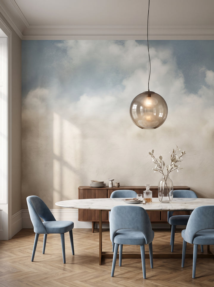 Fototapeta artystyczna o nazwie ETHEREAL CLOUDSCAPE VEIL w aranżacji wnętrza: jadalnia w nowoczesnym klasycznym apartamencie.