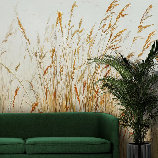Fototapeta GENTLE FIELDS - tapeta z jesiennymi trawami na mglistym tle pokazana w aranżacji wnętrza z akcentem na ścianie.