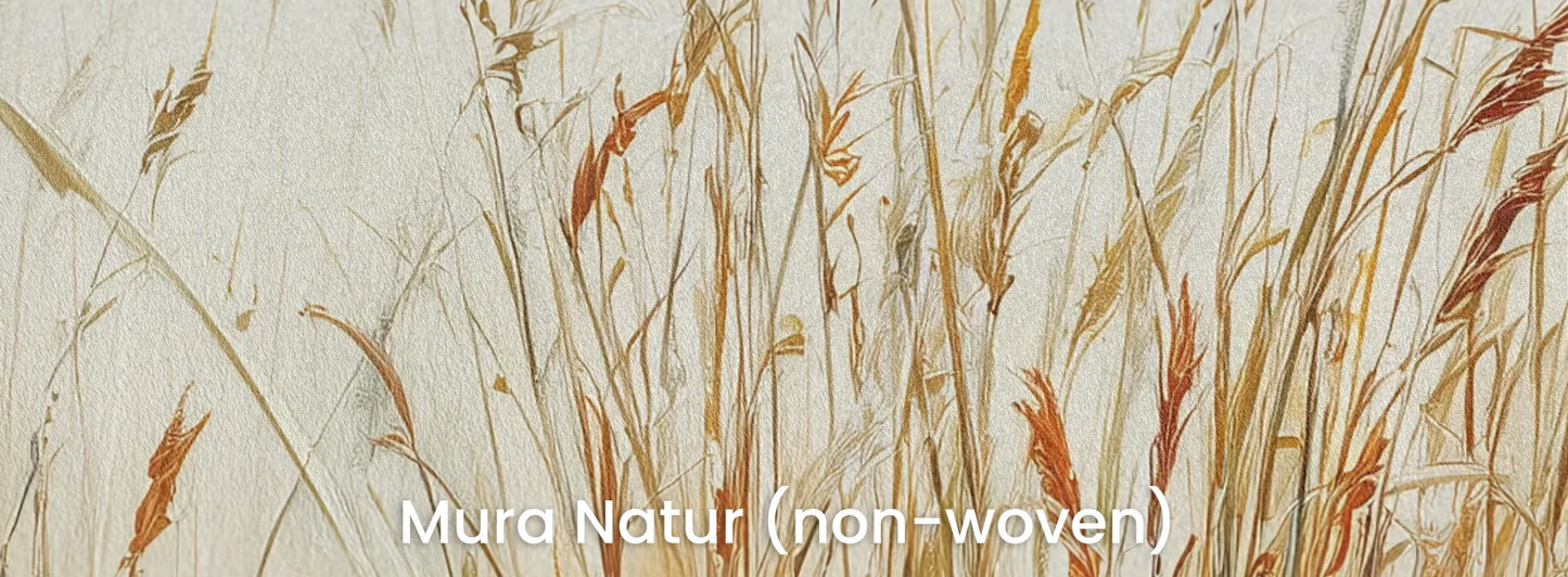 Zbliżenie na fototapetę GENTLE FIELDS - tapeta z jesiennymi trawami na mglistym tle na naturalnym podłożu ekologicznym.
