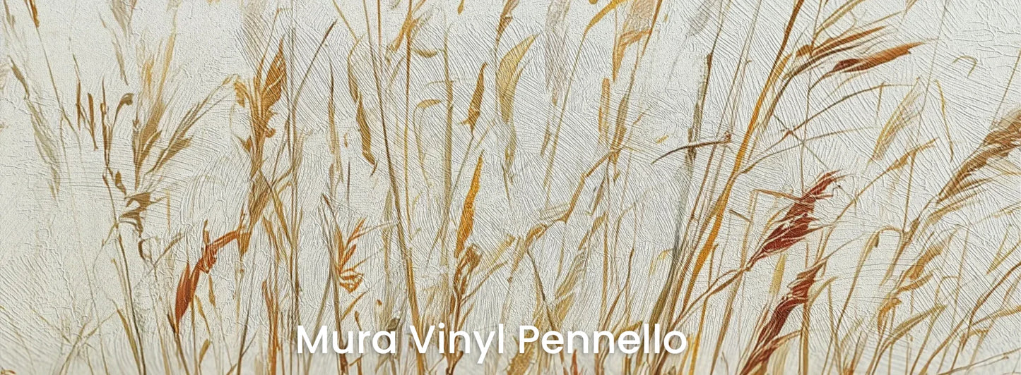 Zbliżenie na fototapetę GENTLE FIELDS - tapeta z jesiennymi trawami na mglistym tle na podłożu o fakturze pociągnięć pędzla.