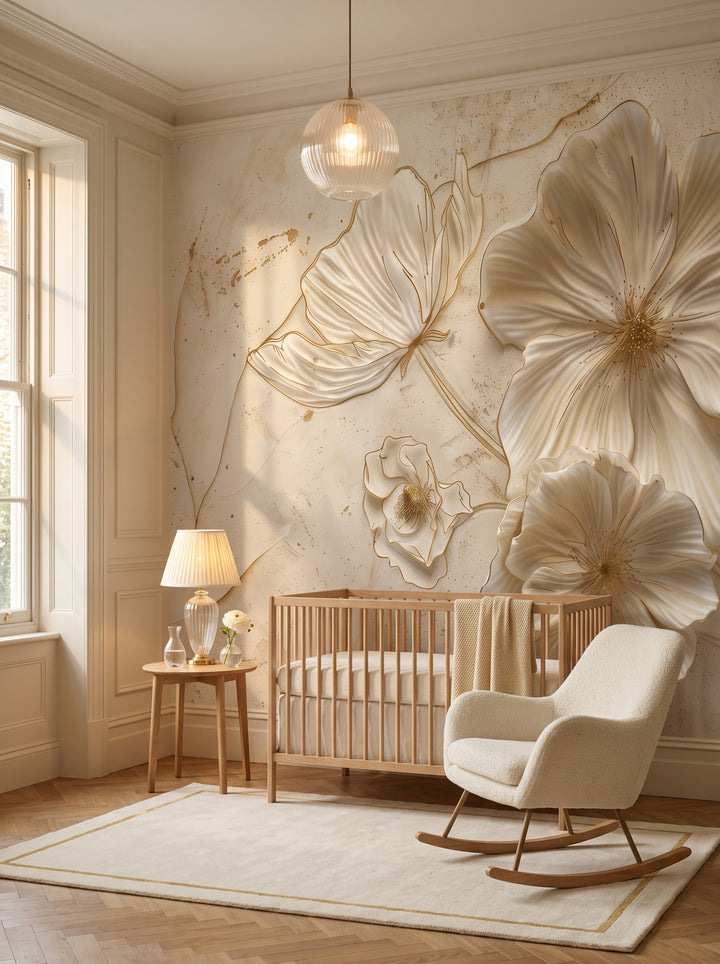 Fototapeta artystyczna o nazwie Golden Petals w aranżacji wnętrza: elegancki pokój dziecięcy w kamienicy miejskiej.