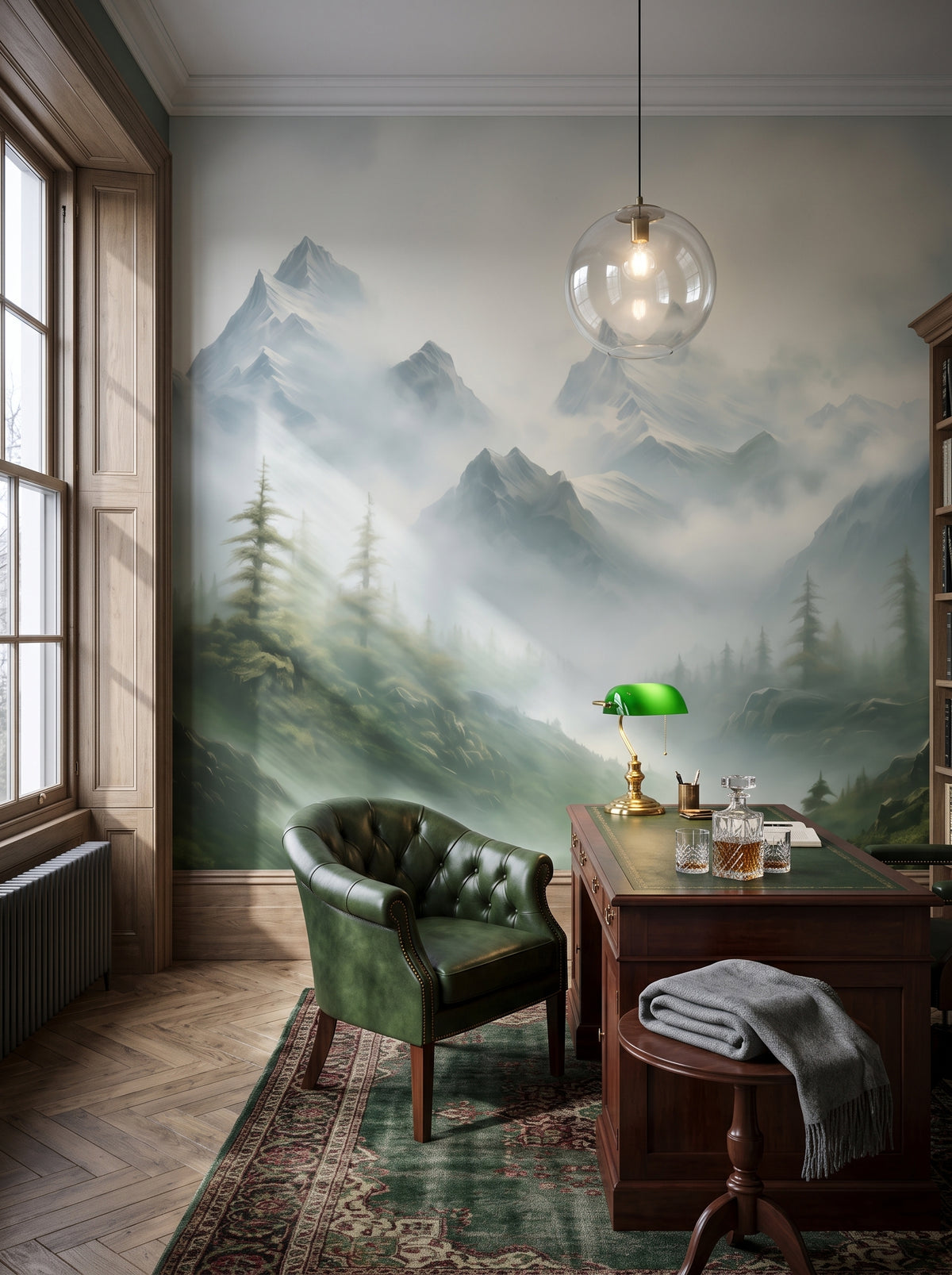 Fototapeta artystyczna o nazwie Verdant Peaks w aranżacji wnętrza: prywatna biblioteka w stylu angielskiego klubu.