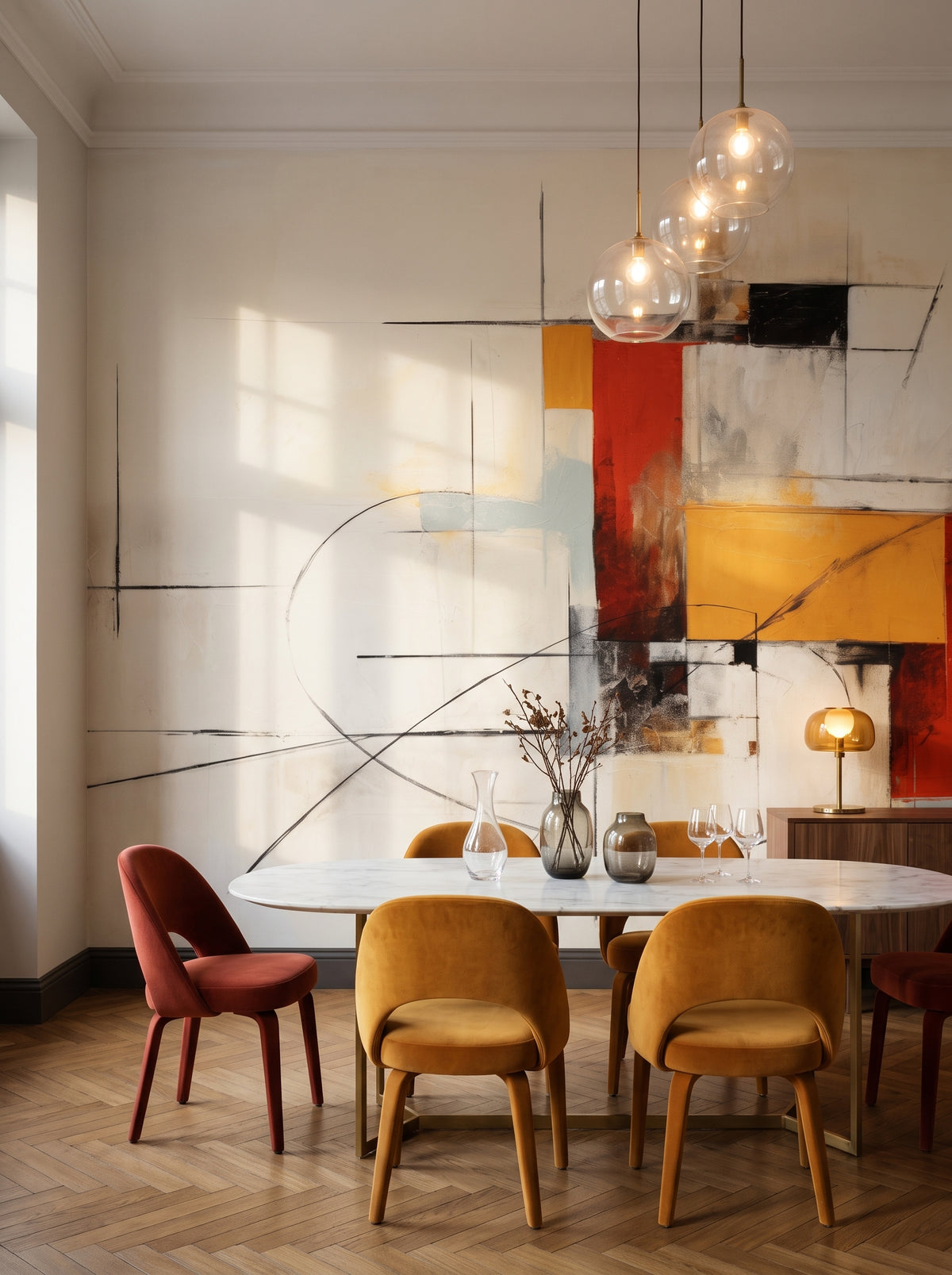 Fotomural artístico «Colorful Geometric Dynamics» en un interior: comedor en un apartamento clásico moderno.
