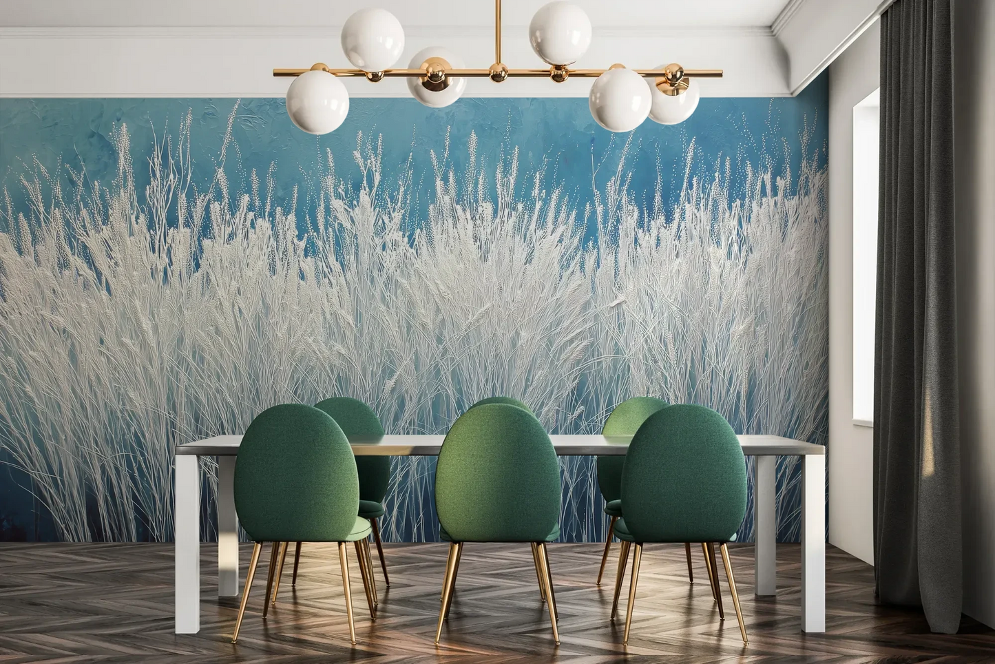 Fototapeta GLACIAL STEMS - tapeta z mroźnymi źdźbłami trawy pokazana w aranżacji jadalni.