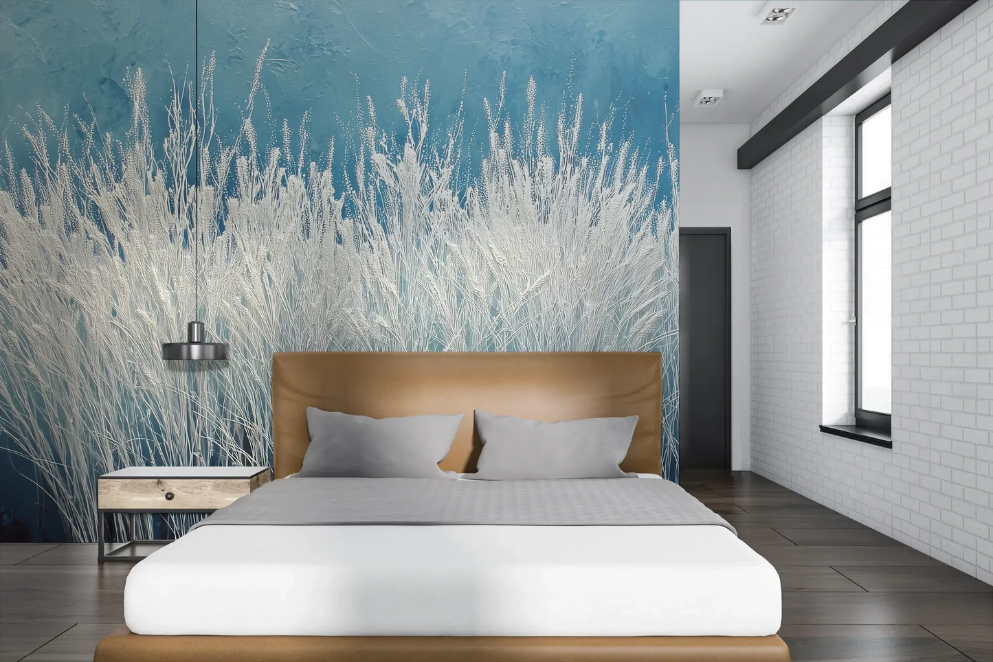 Wzór fototapety GLACIAL STEMS - tapeta z mroźnymi źdźbłami trawy pokazanej w aranżacji sypialni.