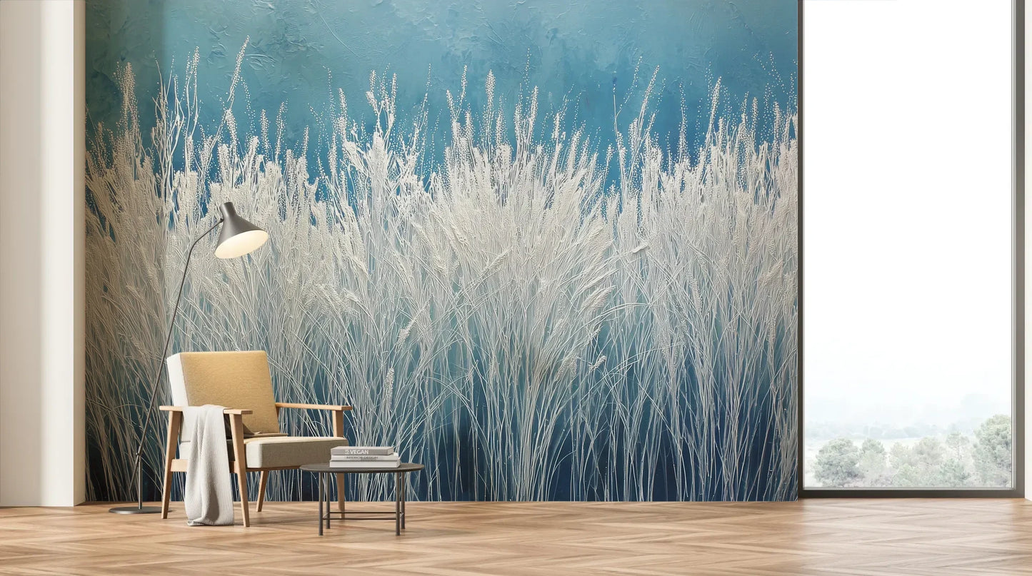 Wzór fototapety GLACIAL STEMS - tapeta z mroźnymi źdźbłami trawy pokazanej w aranżacji salonu.