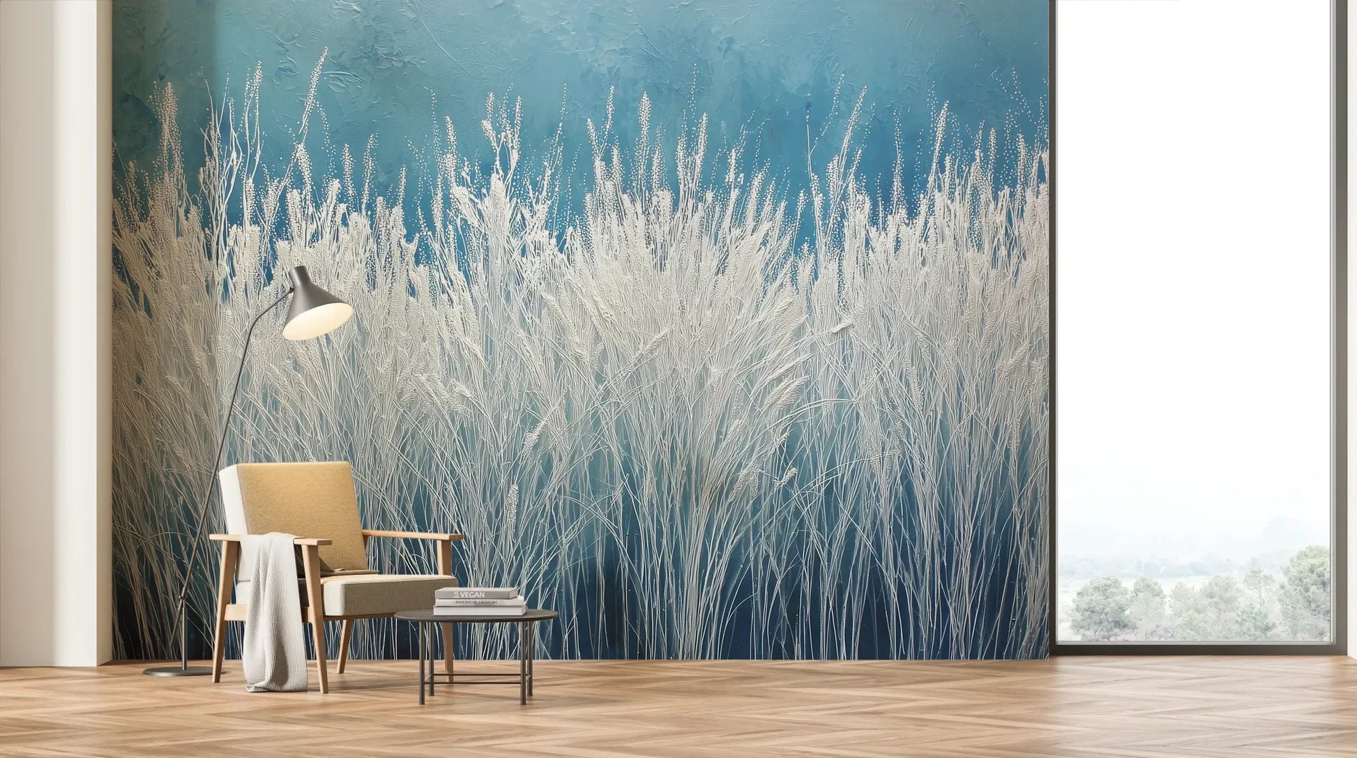 Wzór fototapety GLACIAL STEMS - tapeta z mroźnymi źdźbłami trawy pokazanej w aranżacji salonu.