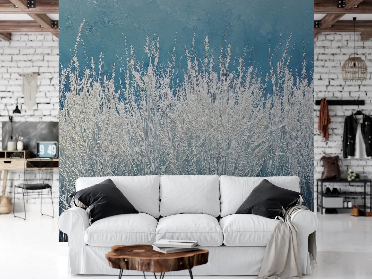Wzór fototapety GLACIAL STEMS - tapeta z mroźnymi źdźbłami trawy pokazanej w aranżacji salonu.