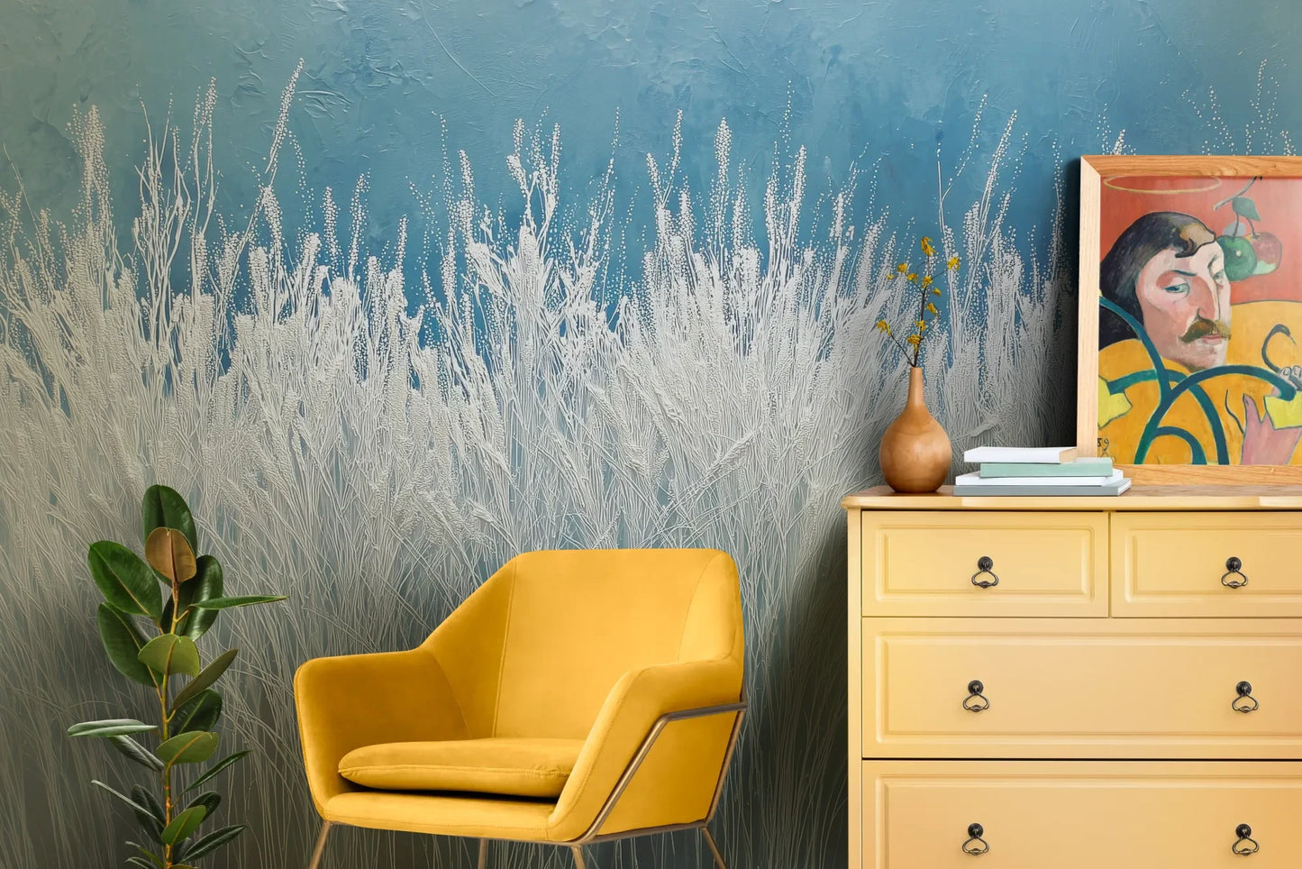 Wzór fototapety GLACIAL STEMS - tapeta z mroźnymi źdźbłami trawy pokazanej w aranżacji salonu.