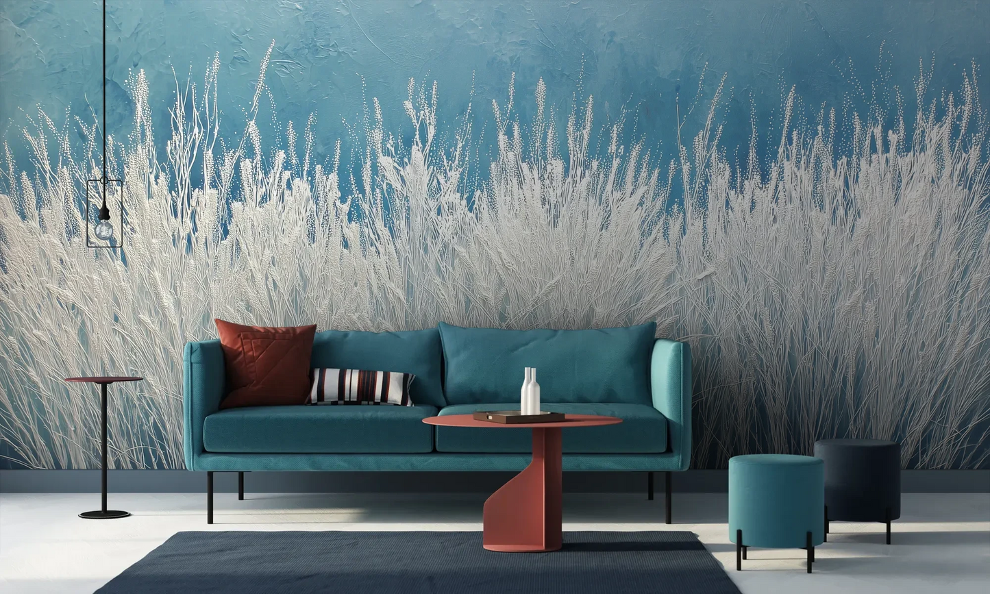 Wzór fototapety GLACIAL STEMS - tapeta z mroźnymi źdźbłami trawy pokazanej w aranżacji salonu.