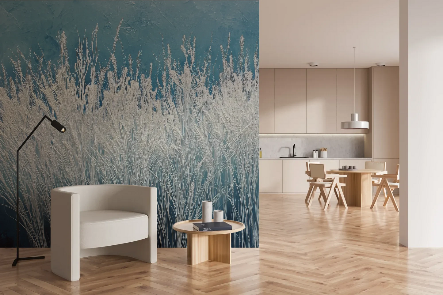 Wzór fototapety GLACIAL STEMS - tapeta z mroźnymi źdźbłami trawy pokazanej w aranżacji kuchni.