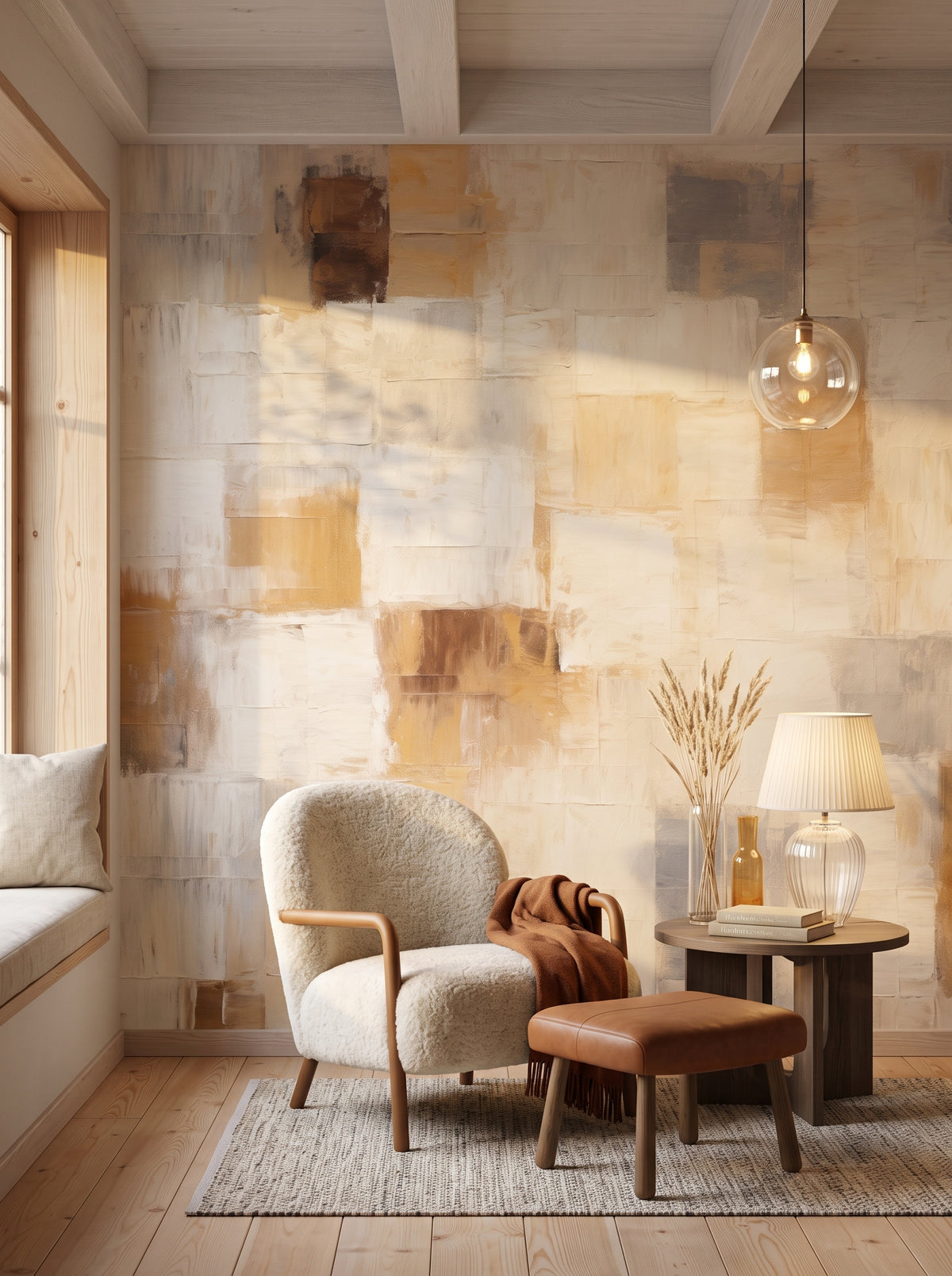 Fototapeta artystyczna o nazwie Beige Mosaic w aranżacji wnętrza: kącik do czytania w skandynawskiej willi.