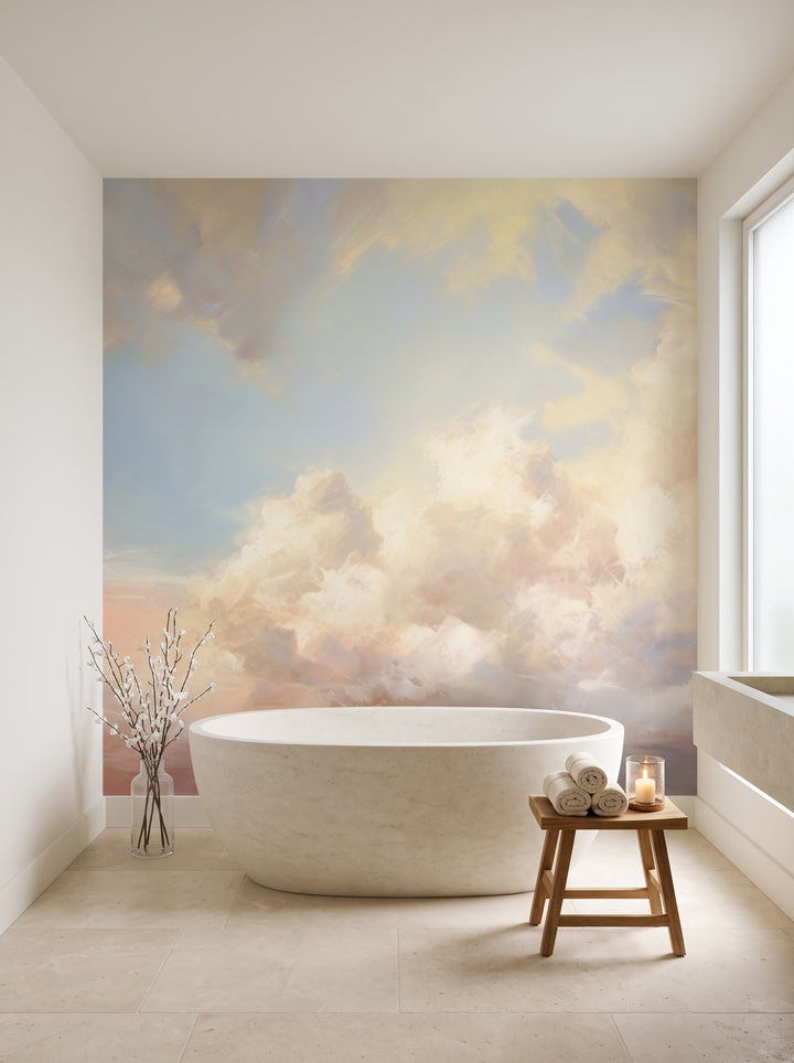 Fototapeta artystyczna o nazwie TWILIGHT SERENADE GLOW w aranżacji wnętrza: łazienka spa w luksusowej rezydencji.