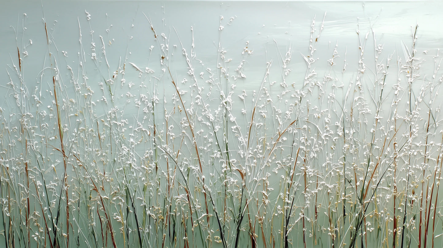 Prezentacja całego wzoru fototapety o nazwie DEWDROP MEADOW - tapeta z rosistymi trawami o świcie
