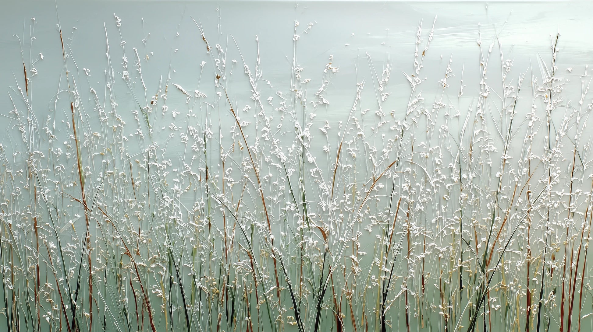 Prezentacja całego wzoru fototapety o nazwie DEWDROP MEADOW - tapeta z rosistymi trawami o świcie
