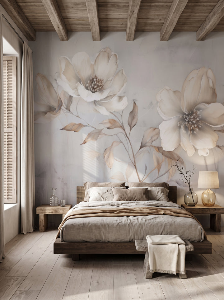 Fototapeta artystyczna o nazwie Soft Magnolia Elegance w aranżacji wnętrza: sypialnia w stylu wabi-sabi.