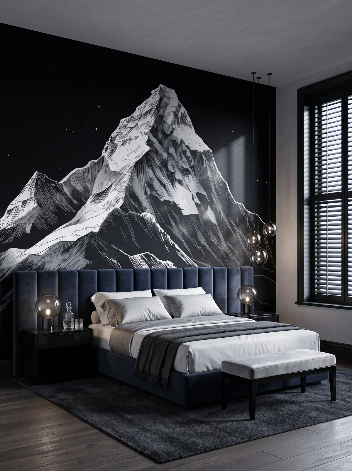 Carta da parati artistica «Monochrome Mountain» in un interno: camera da letto in un boutique hotel di design.