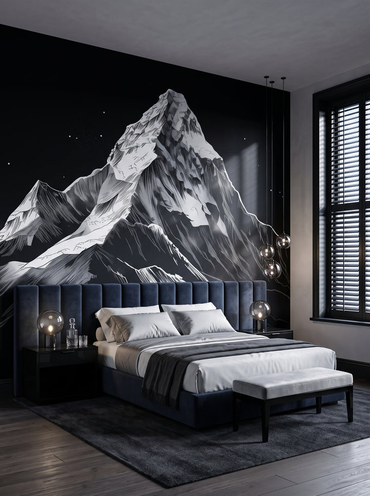 Fototapeta artystyczna o nazwie Monochrome Mountain w aranżacji wnętrza: sypialnia w butikowym hotelu designerskim.