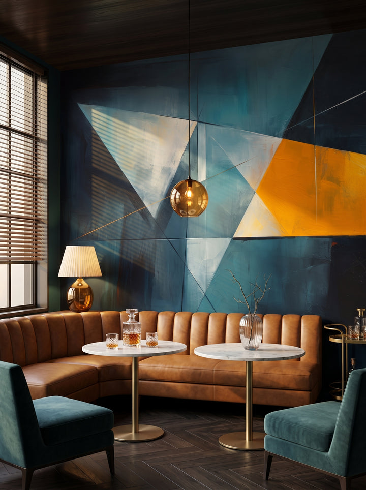Fototapeta artystyczna o nazwie Vibrant Geometric Contrast w aranżacji wnętrza: bar lounge w butikowym hotelu.