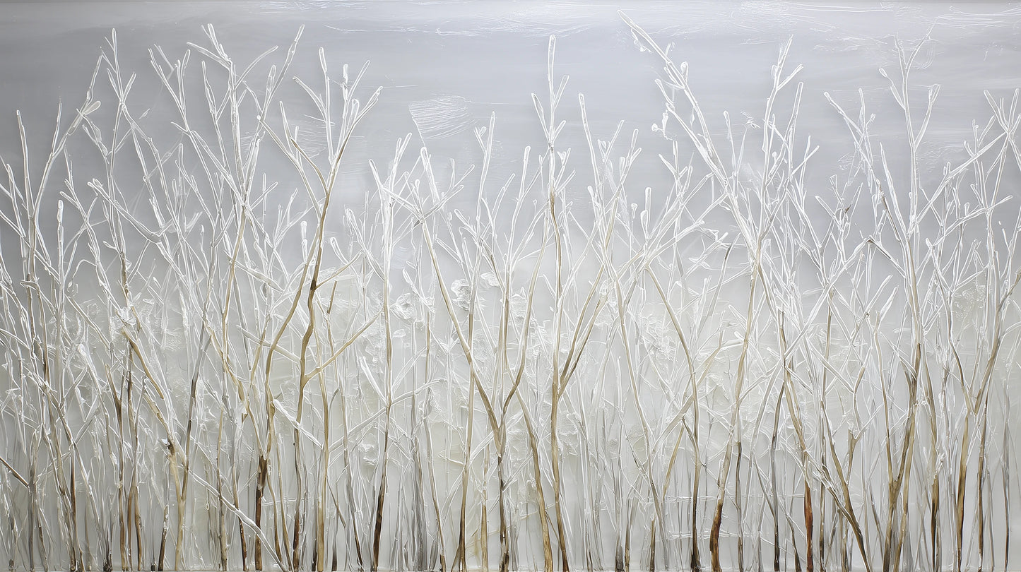 Prezentacja całego wzoru fototapety o nazwie SILVER SOLITUDE - tapeta z zimowym pejzażem traw