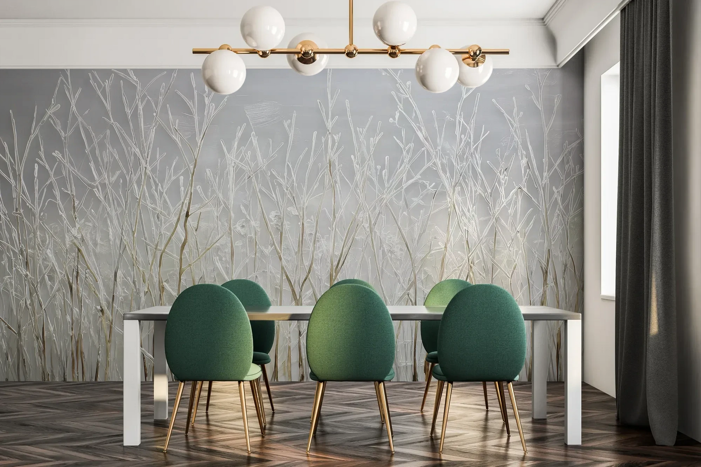 Fototapeta SILVER SOLITUDE - tapeta z zimowym pejzażem traw pokazana w aranżacji jadalni.