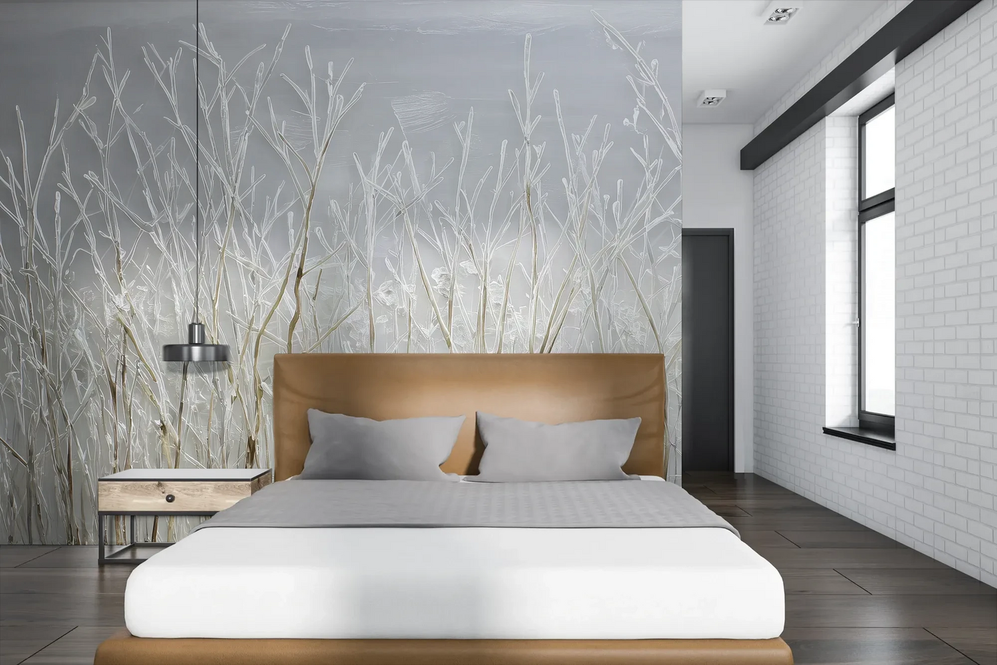 Wzór fototapety SILVER SOLITUDE - tapeta z zimowym pejzażem traw pokazanej w aranżacji sypialni.