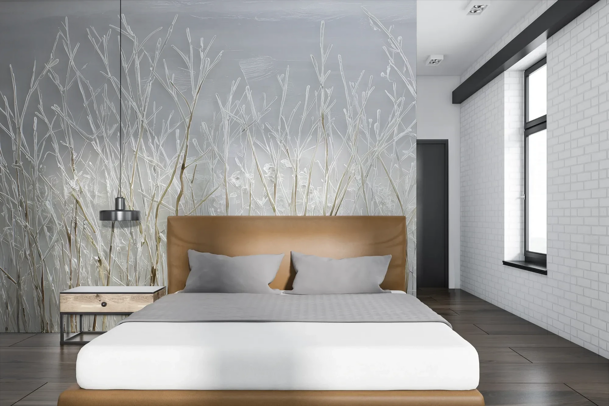 Wzór fototapety SILVER SOLITUDE - tapeta z zimowym pejzażem traw pokazanej w aranżacji sypialni.