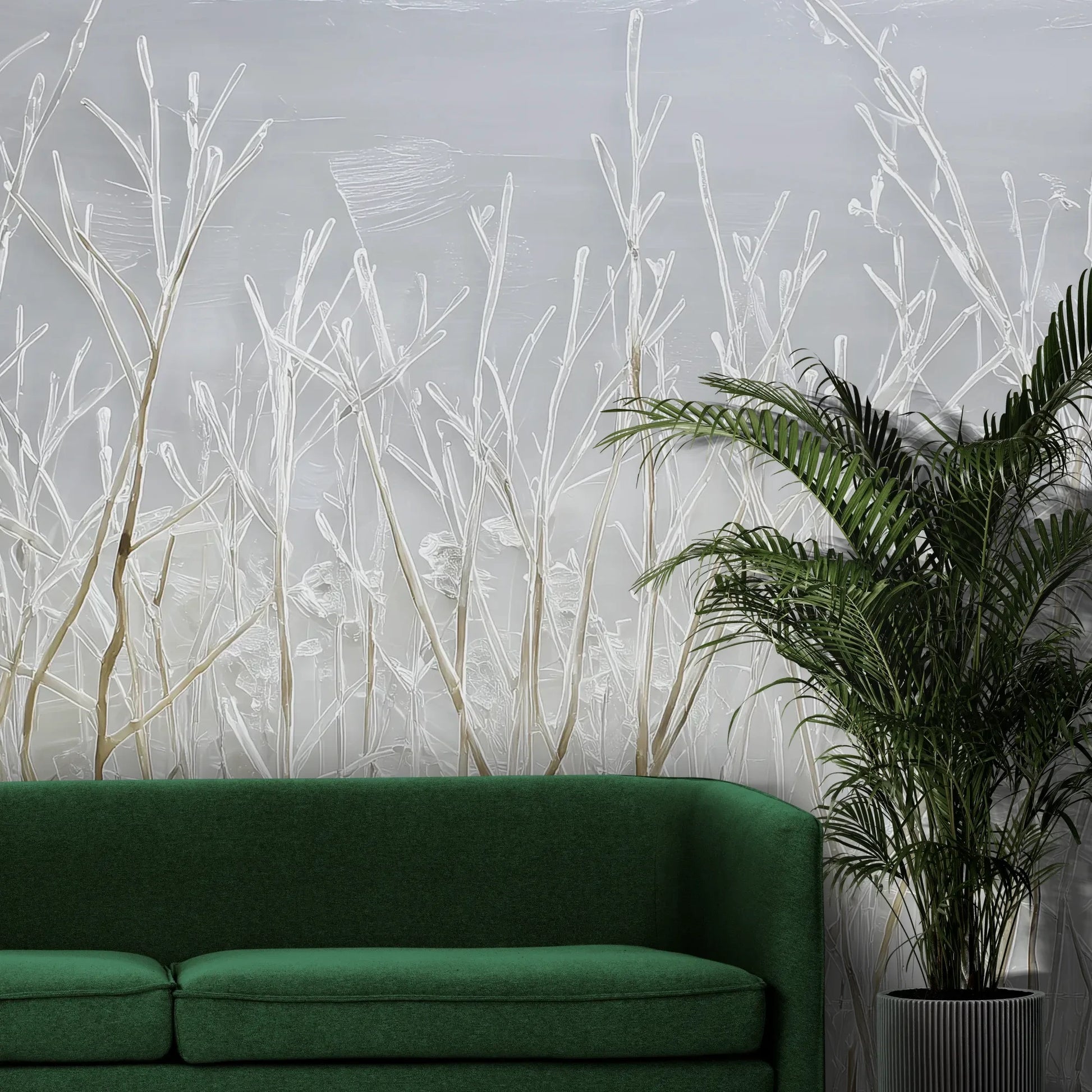 Fototapeta SILVER SOLITUDE - tapeta z zimowym pejzażem traw pokazana w aranżacji wnętrza z akcentem na ścianie.