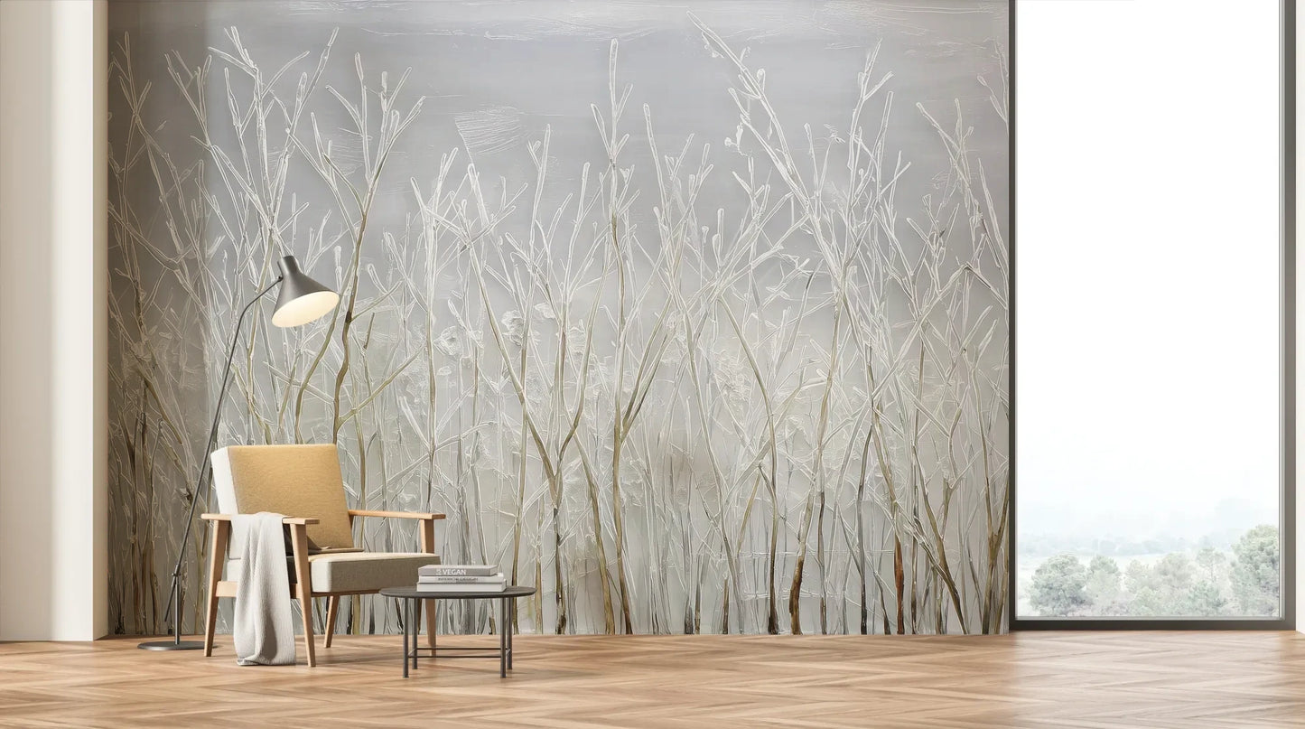 Wzór fototapety SILVER SOLITUDE - tapeta z zimowym pejzażem traw pokazanej w aranżacji salonu.