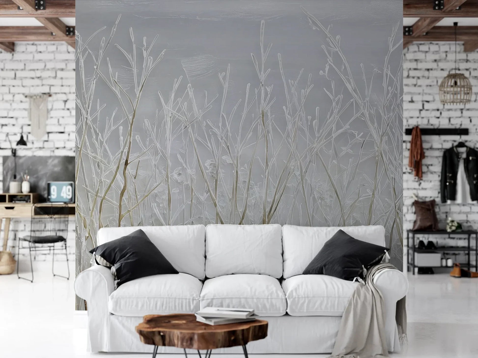 Wzór fototapety SILVER SOLITUDE - tapeta z zimowym pejzażem traw pokazanej w aranżacji salonu.