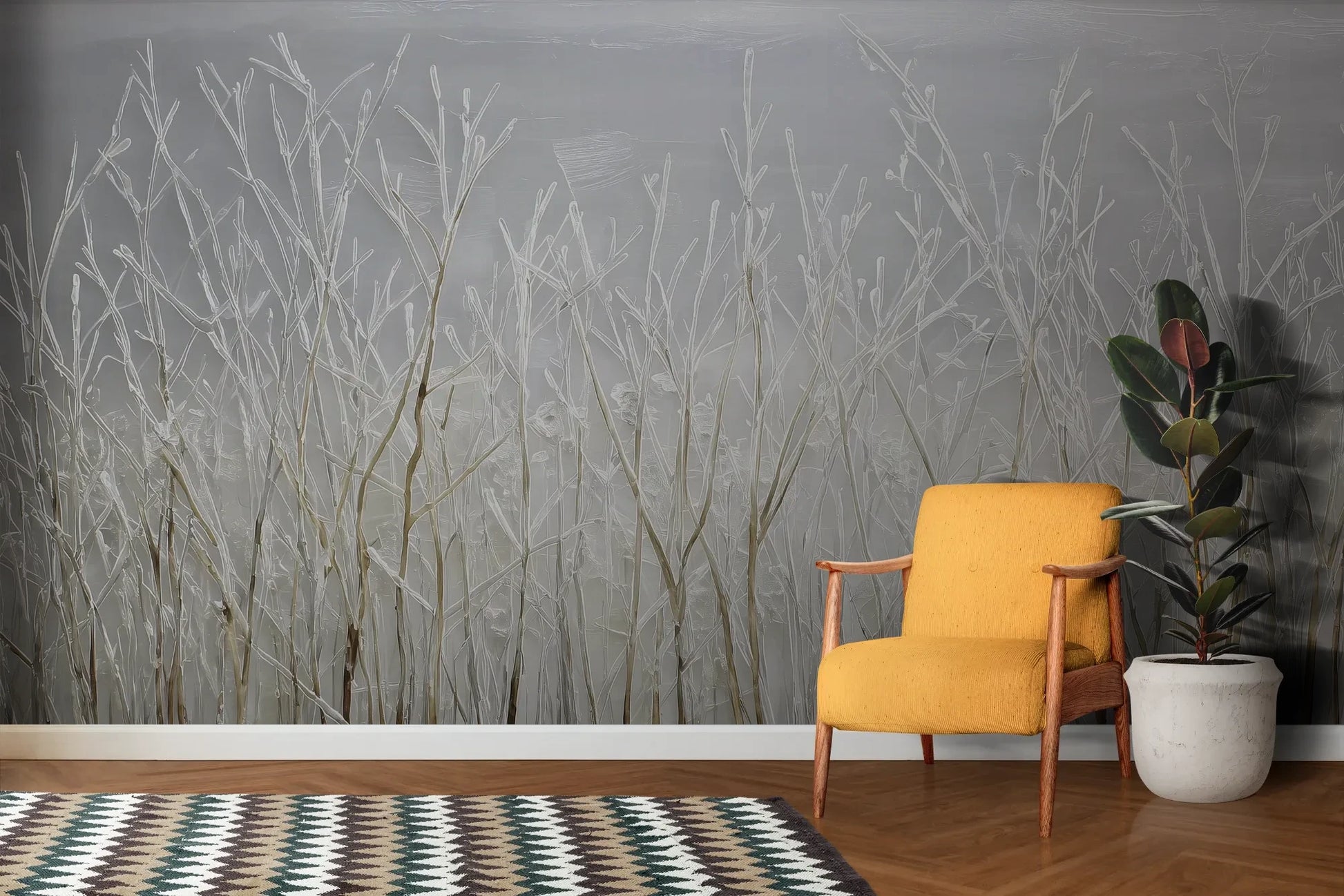 Wzór fototapety SILVER SOLITUDE - tapeta z zimowym pejzażem traw pokazanej w aranżacji salonu.