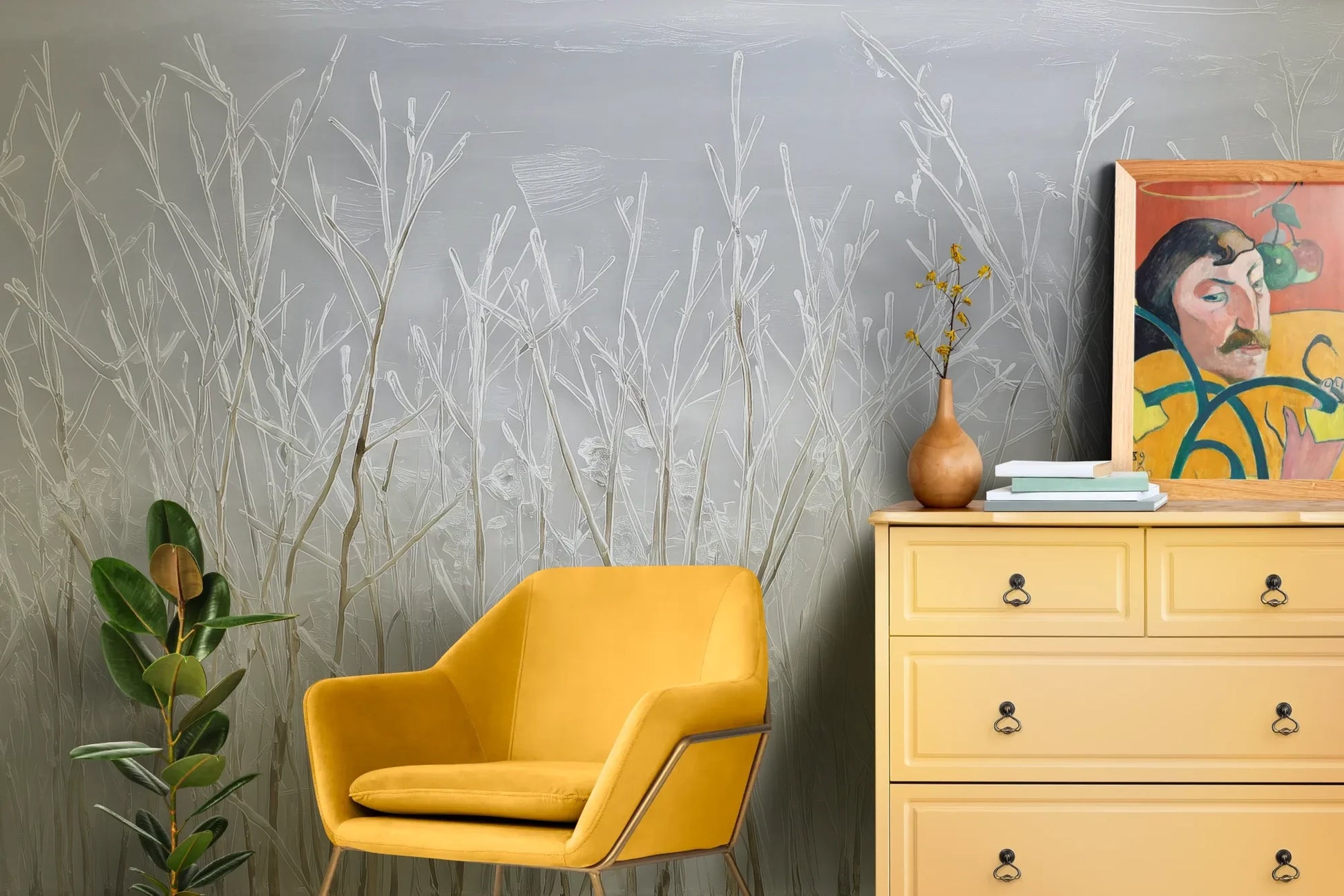 Wzór fototapety SILVER SOLITUDE - tapeta z zimowym pejzażem traw pokazanej w aranżacji salonu.