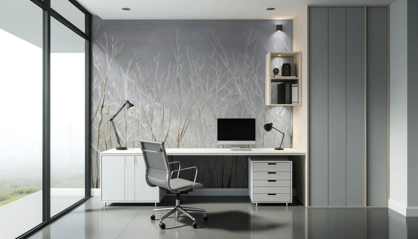 Fototapeta SILVER SOLITUDE - tapeta z zimowym pejzażem traw pokazana w aranżacji biura.