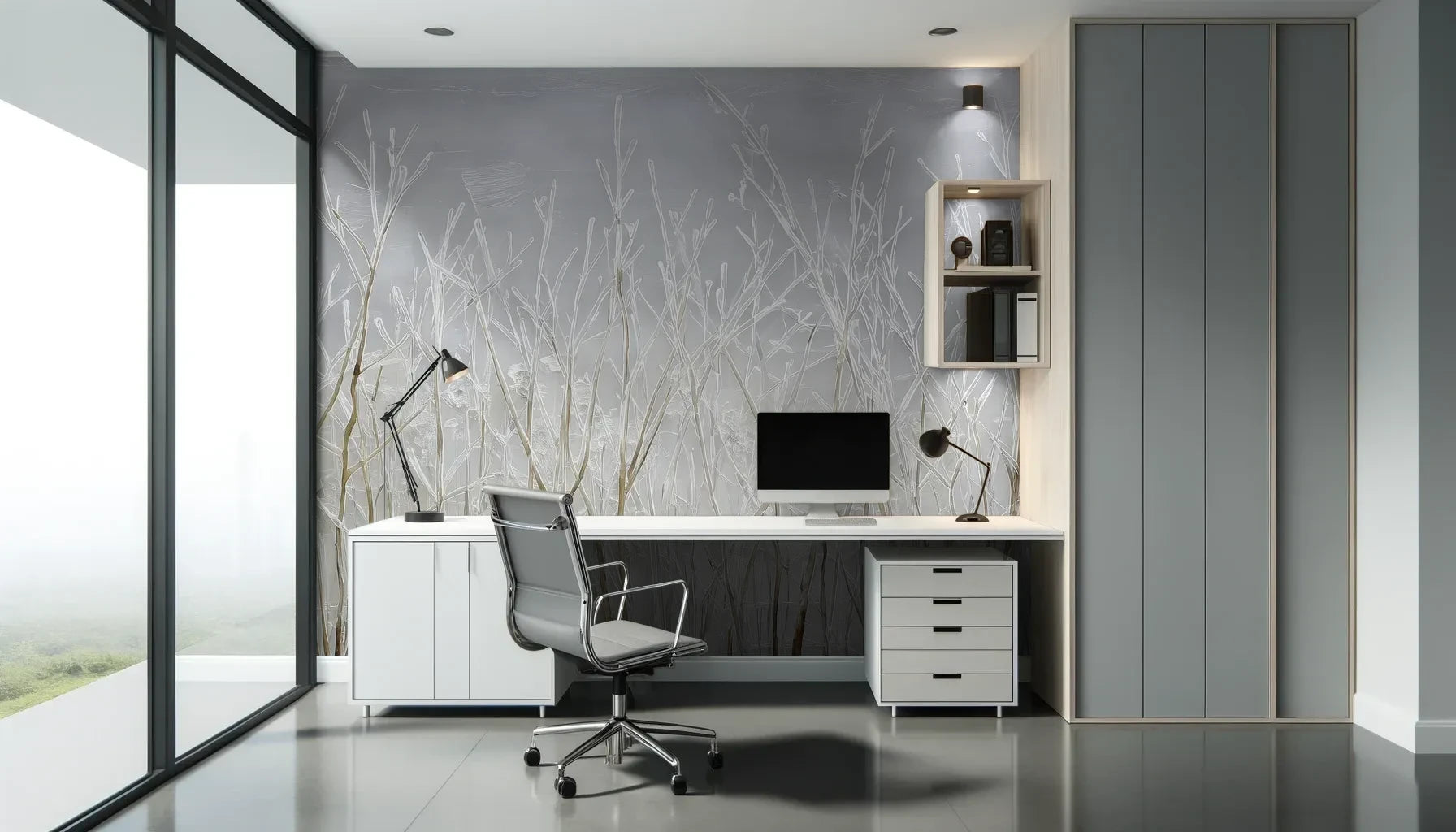 Fototapeta SILVER SOLITUDE - tapeta z zimowym pejzażem traw pokazana w aranżacji biura.