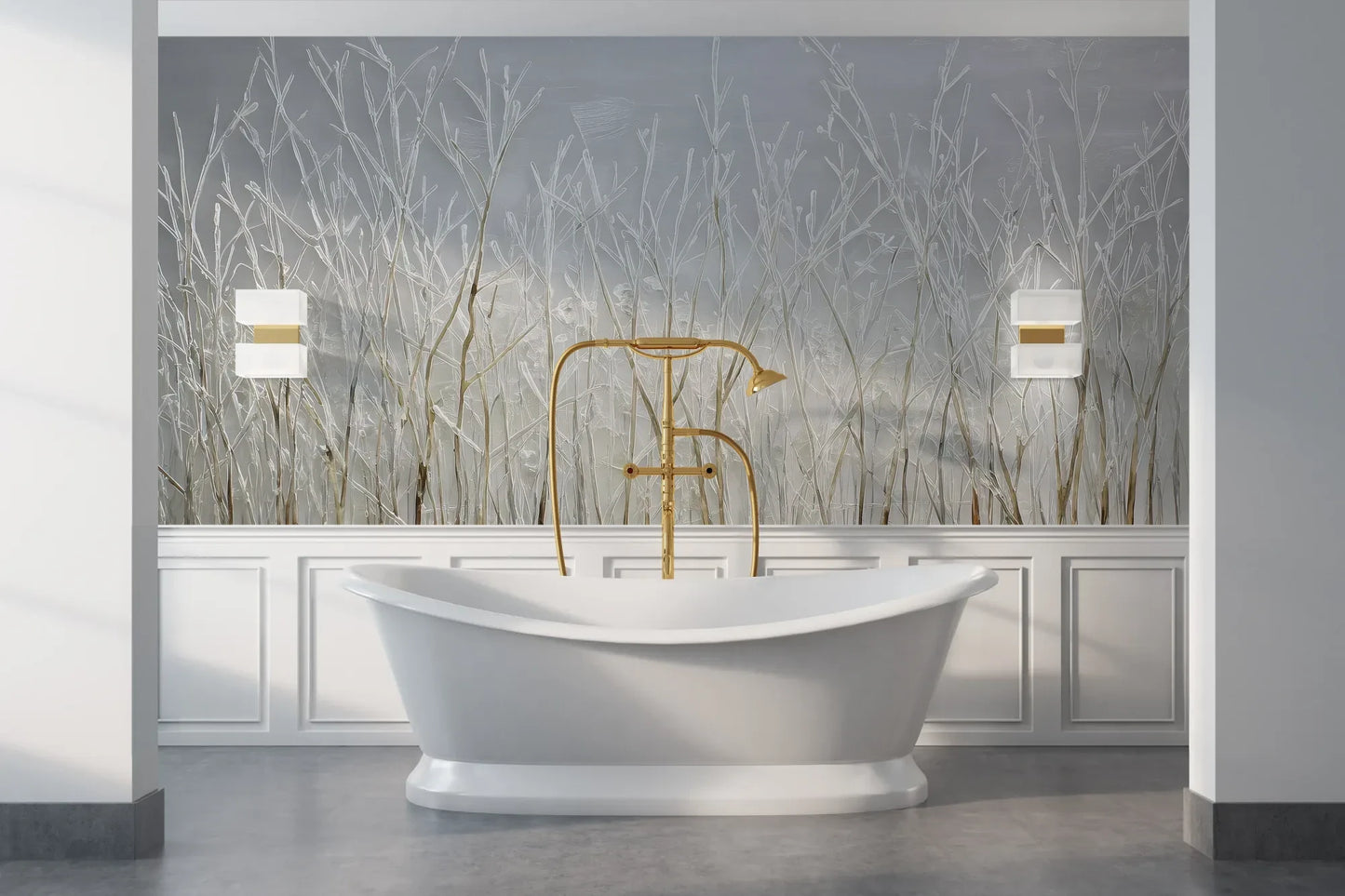 Wzór fototapety SILVER SOLITUDE - tapeta z zimowym pejzażem traw pokazanej w aranżacji łazienki.