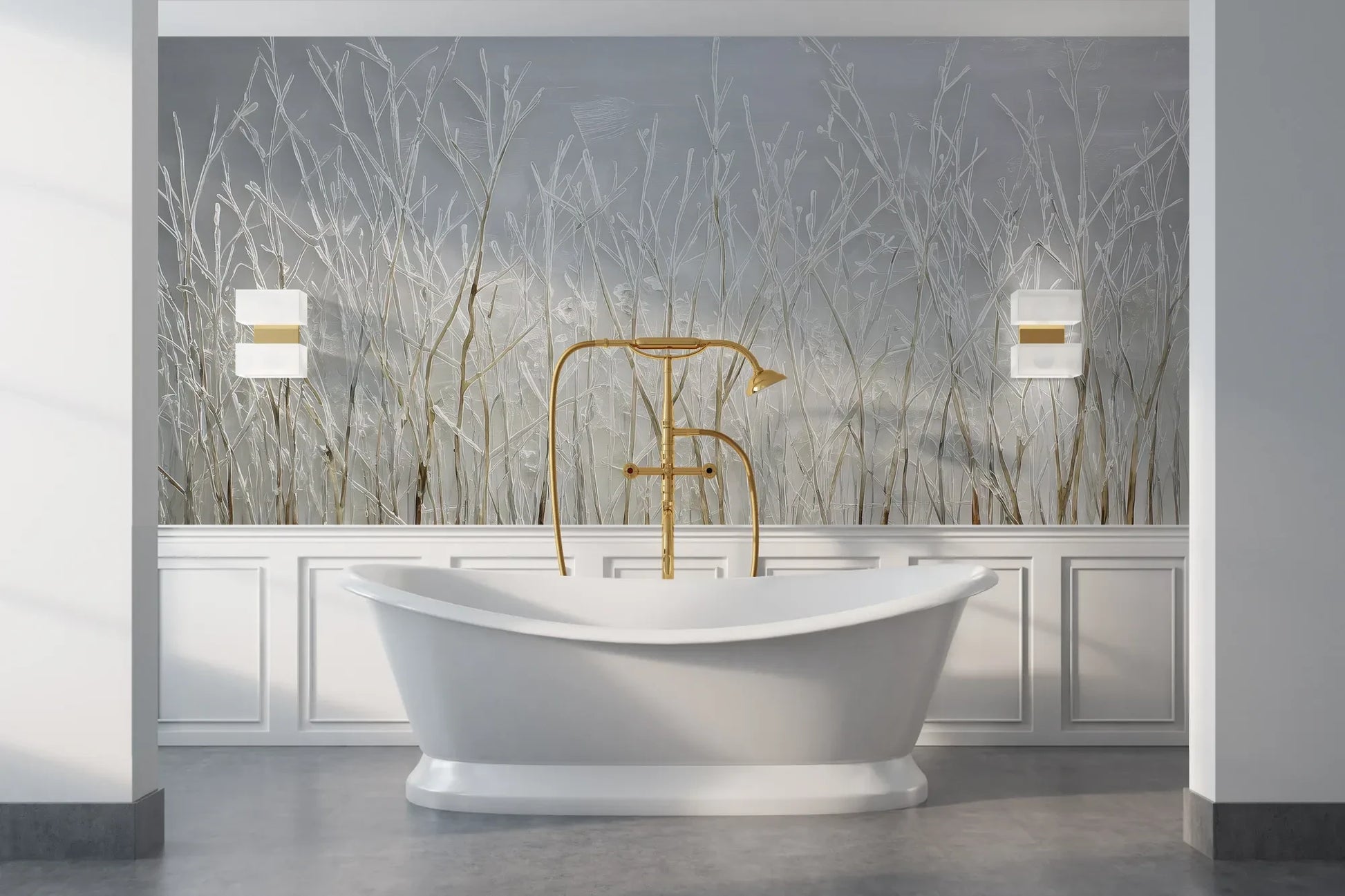 Wzór fototapety SILVER SOLITUDE - tapeta z zimowym pejzażem traw pokazanej w aranżacji łazienki.