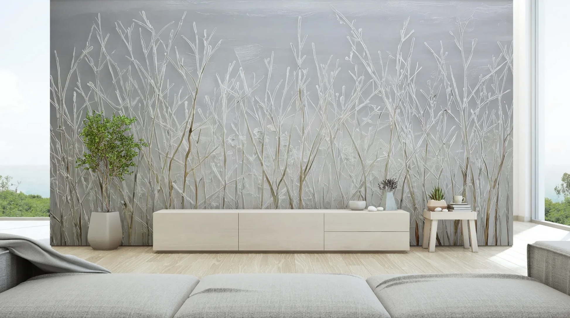 Wzór fototapety SILVER SOLITUDE - tapeta z zimowym pejzażem traw pokazanej w aranżacji salonu.