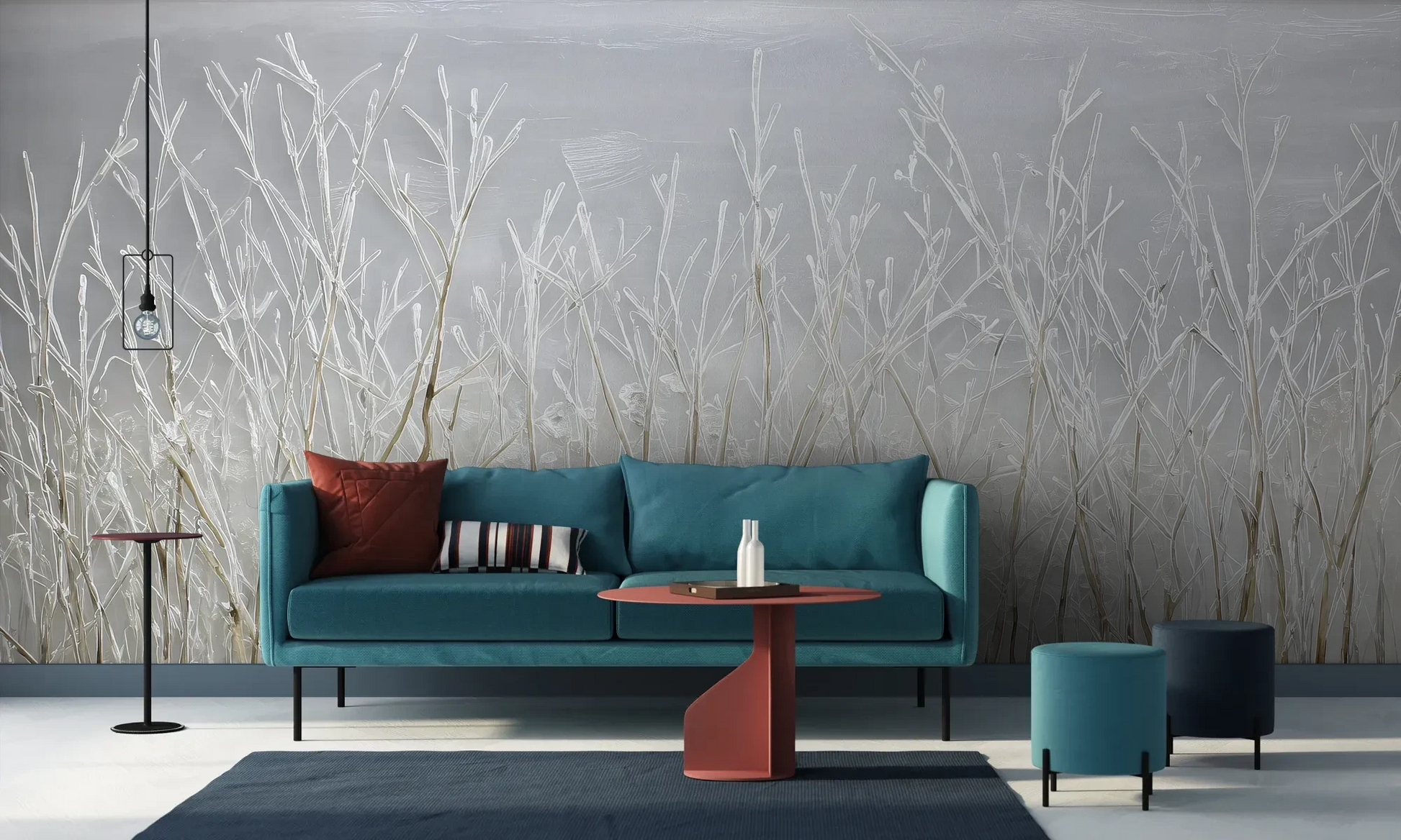 Wzór fototapety SILVER SOLITUDE - tapeta z zimowym pejzażem traw pokazanej w aranżacji salonu.