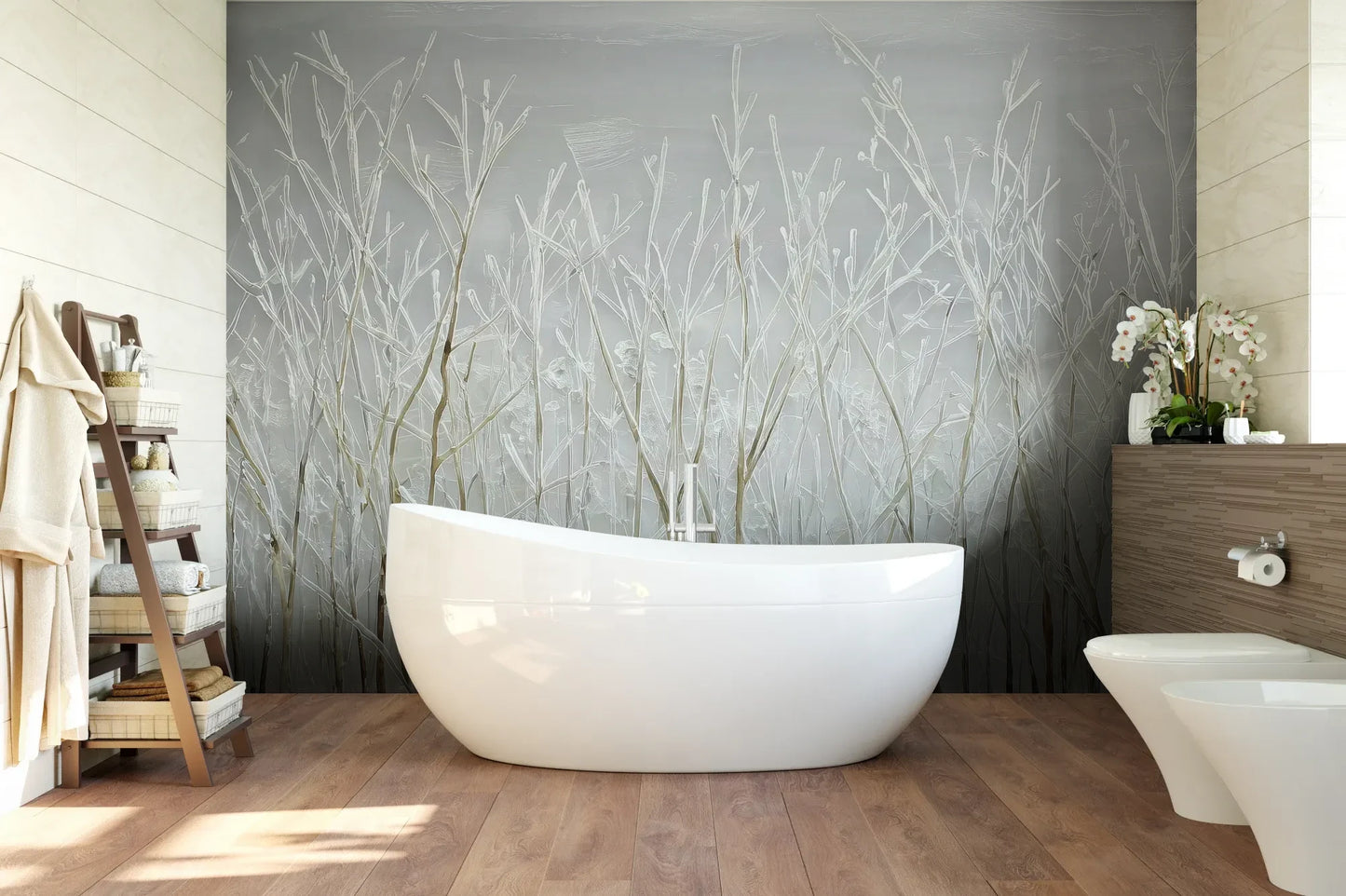 Wzór fototapety SILVER SOLITUDE - tapeta z zimowym pejzażem traw pokazanej w aranżacji łazienki.