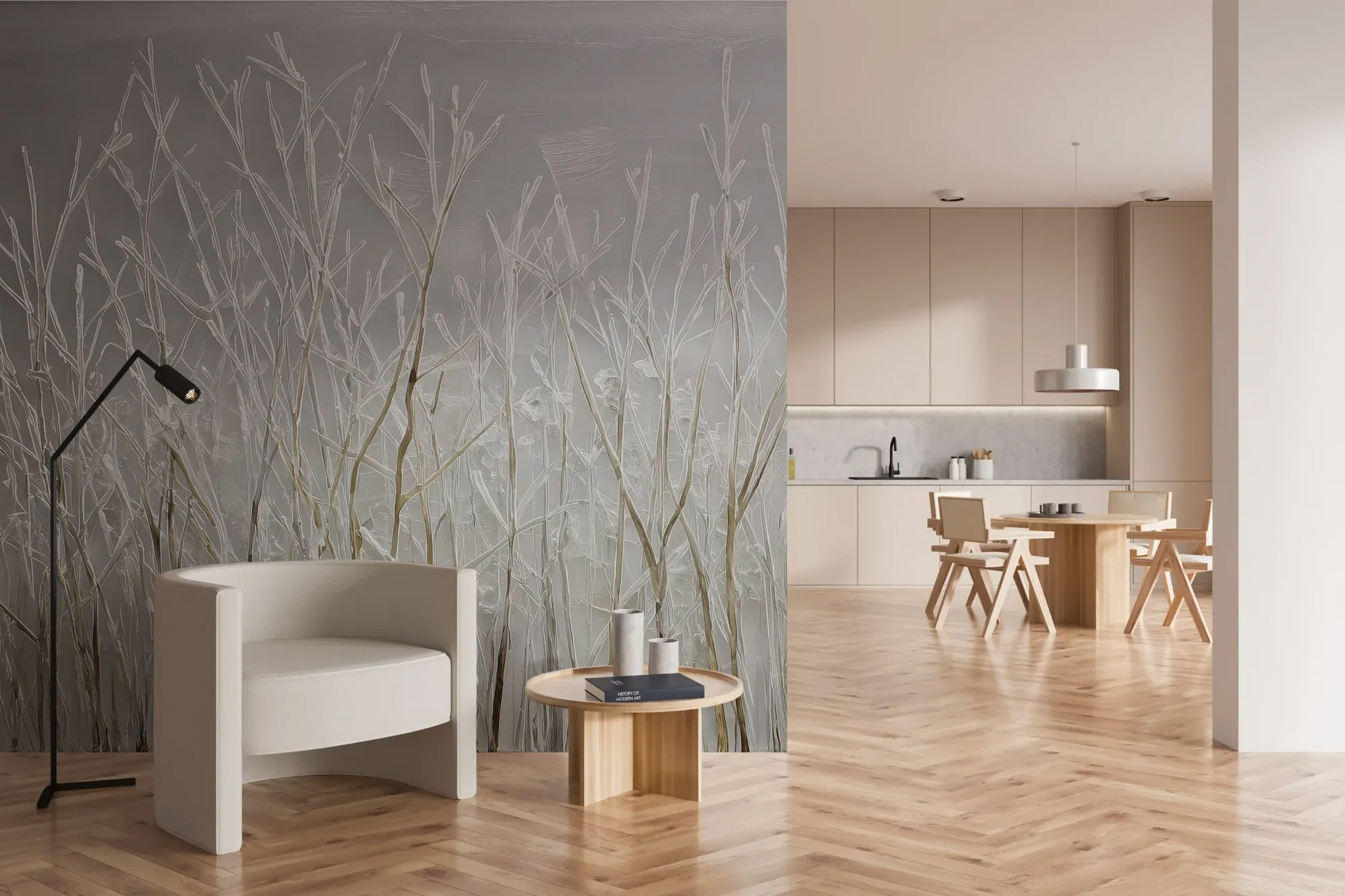 Wzór fototapety SILVER SOLITUDE - tapeta z zimowym pejzażem traw pokazanej w aranżacji kuchni.