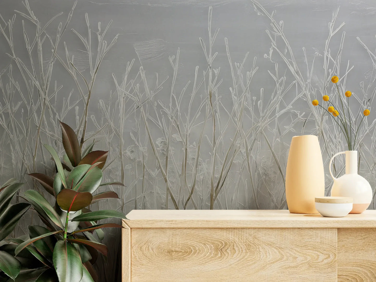 Fototapeta SILVER SOLITUDE - tapeta z zimowym pejzażem traw pokazana w aranżacji wnętrza z akcentem na ścianie.
