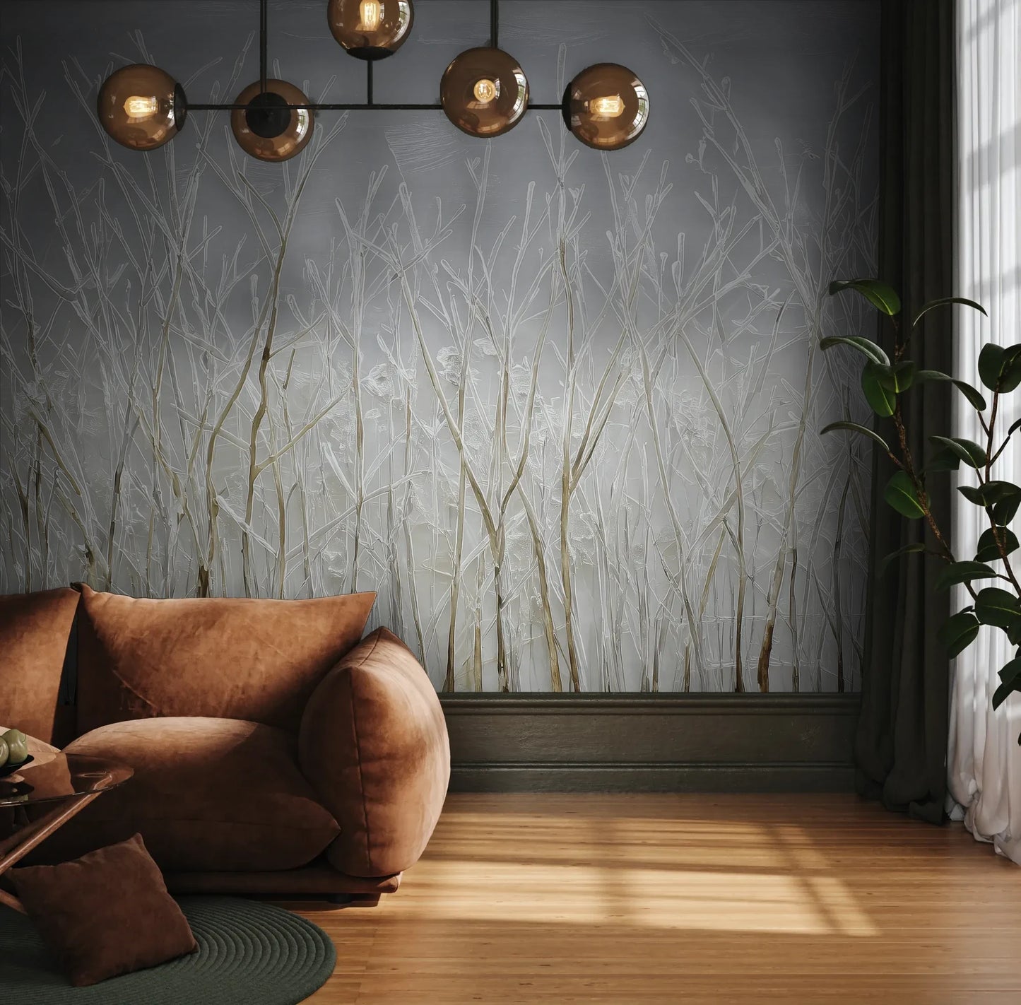 Fototapeta SILVER SOLITUDE - tapeta z zimowym pejzażem traw pokazana w aranżacji wnętrza z akcentem na ścianie.