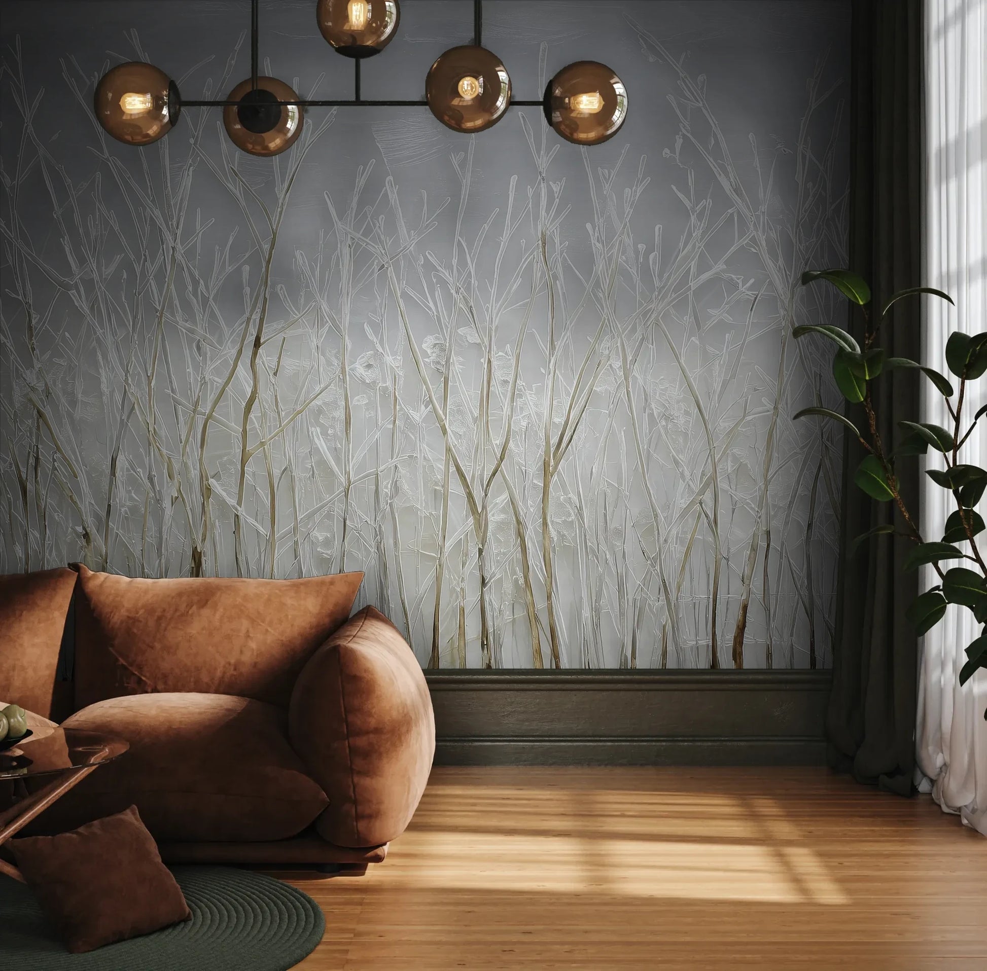 Fototapeta SILVER SOLITUDE - tapeta z zimowym pejzażem traw pokazana w aranżacji wnętrza z akcentem na ścianie.