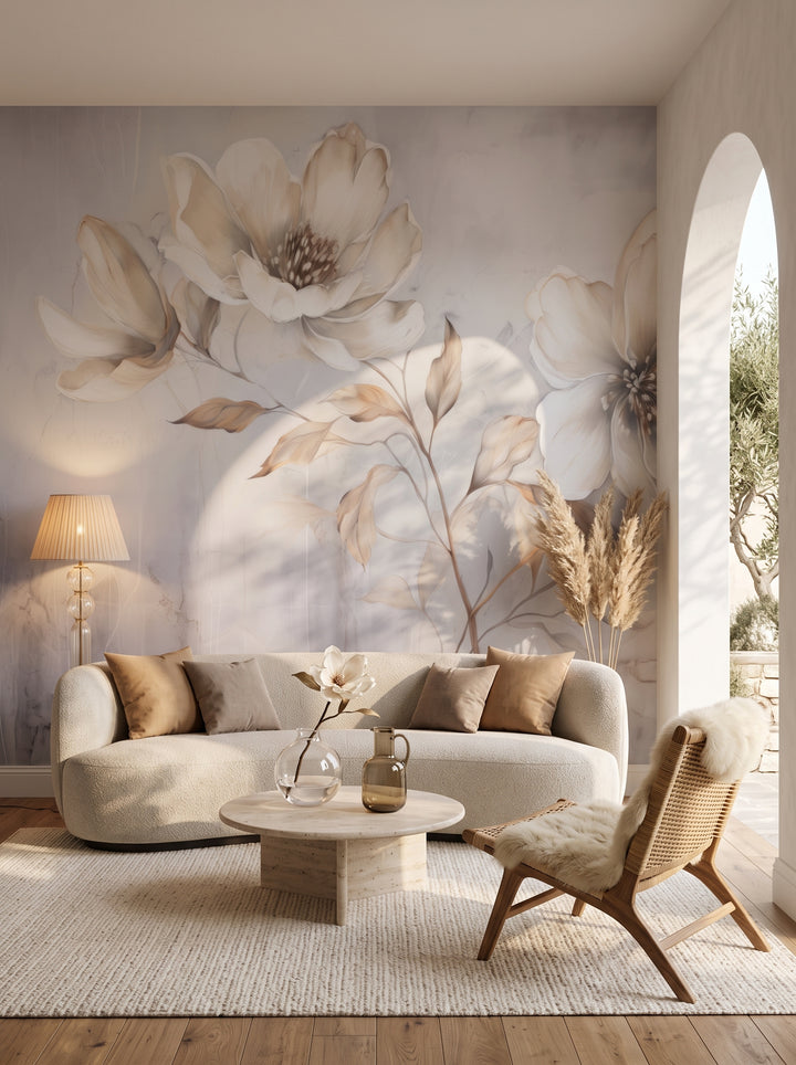 Fototapeta artystyczna o nazwie Whispering Magnolias w aranżacji wnętrza: salon w wyrafinowanym stylu boho z łukowym wyjściem na taras.