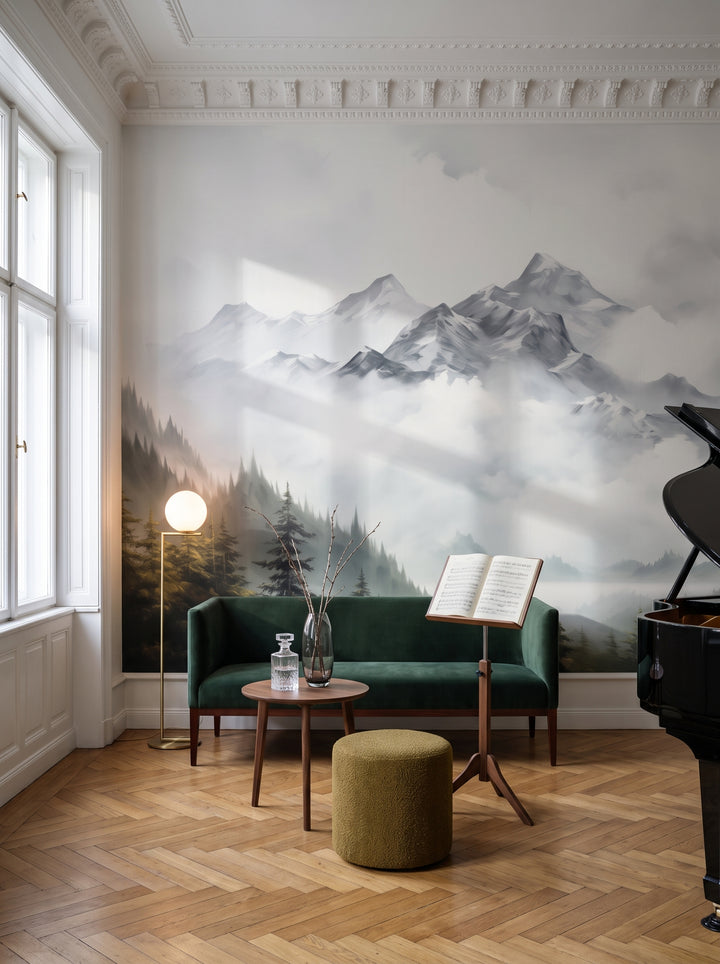 Fototapeta artystyczna o nazwie Forested Summit w aranżacji wnętrza: salon muzyczny w wiedeńskiej kamienicy.