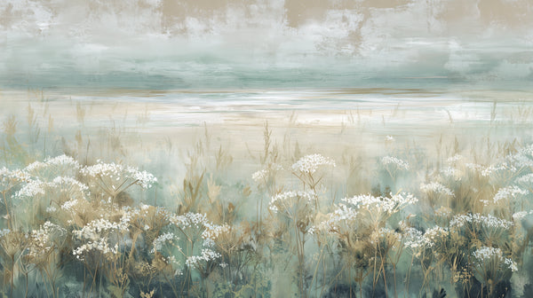 OPALESCENT WILDFIELDS - papier peint prairie dans des nuances opalescentes d'argent et d'aquamarine