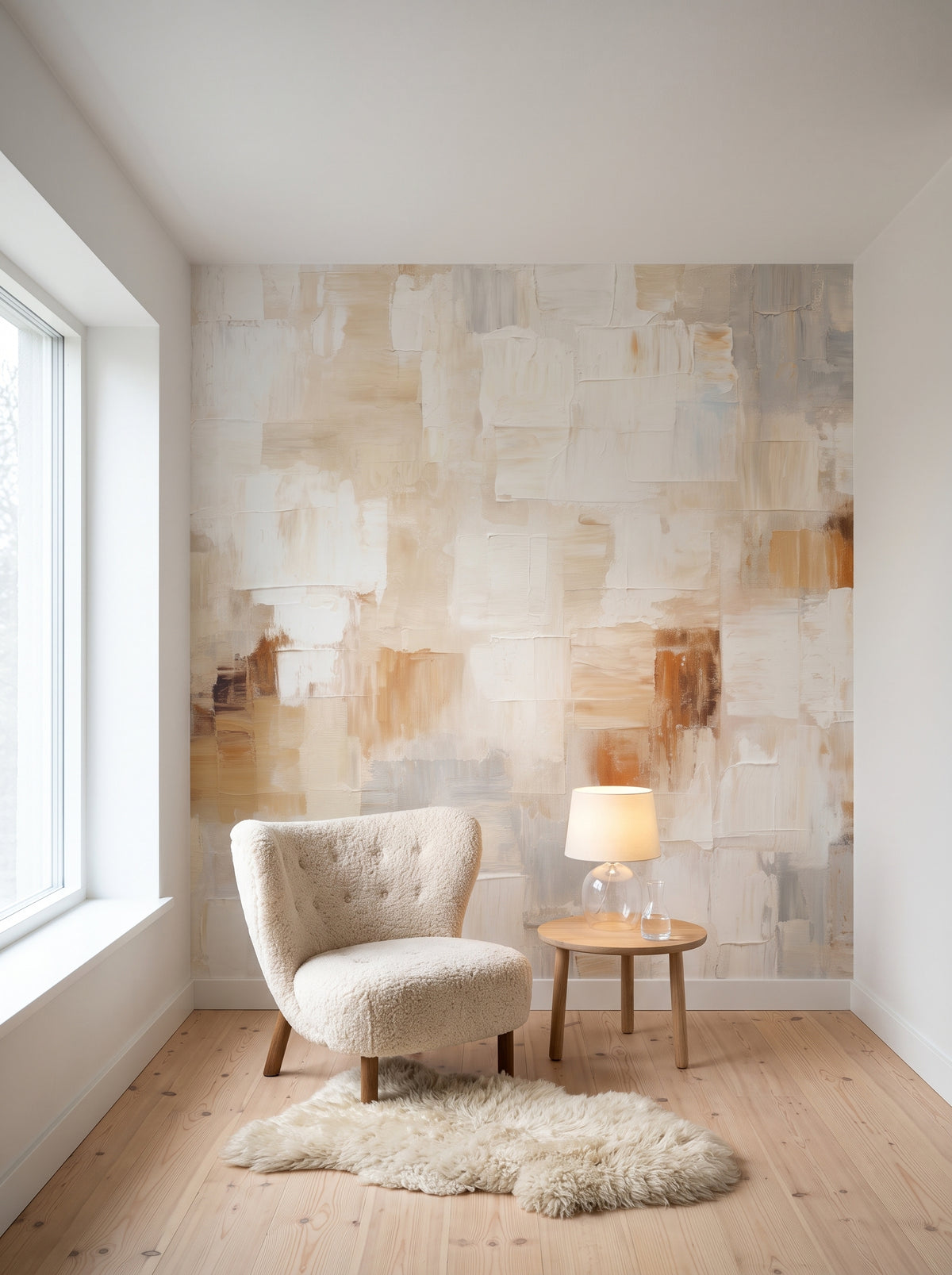 Fototapeta artystyczna o nazwie Contemporary Beige w aranżacji wnętrza: kącik do czytania w skandynawskiej willi pełnej światła.