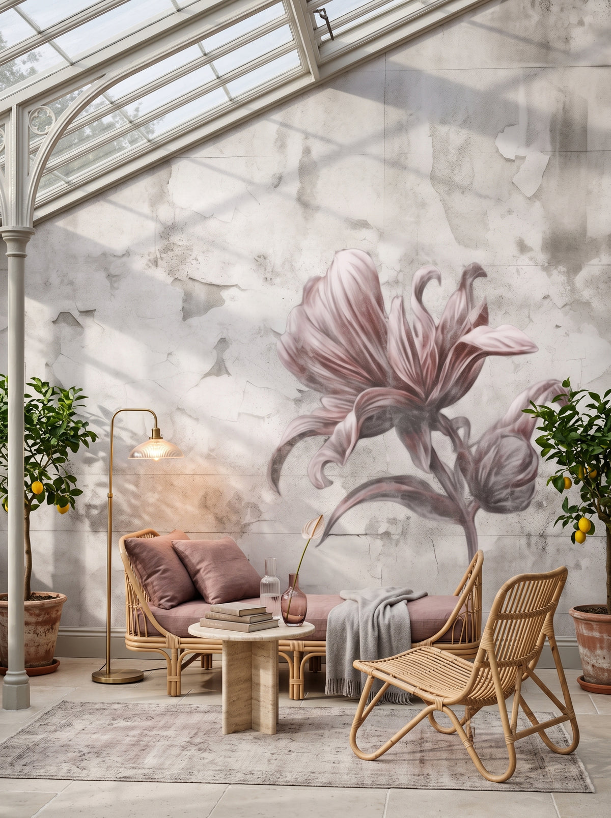 Fototapeta artystyczna o nazwie FLORAL ELEGANCE IN MONOCHROME w aranżacji wnętrza: czytelnia w oranżerii z żeliwnym dachem.
