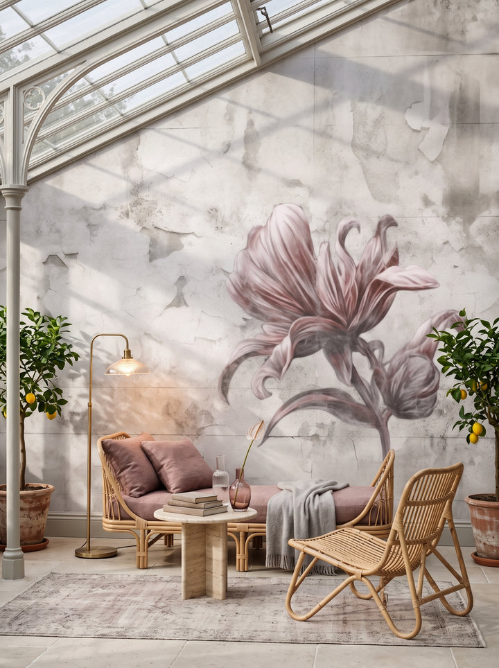 Fototapeta artystyczna o nazwie FLORAL ELEGANCE IN MONOCHROME w aranżacji wnętrza: czytelnia w oranżerii z żeliwnym dachem.
